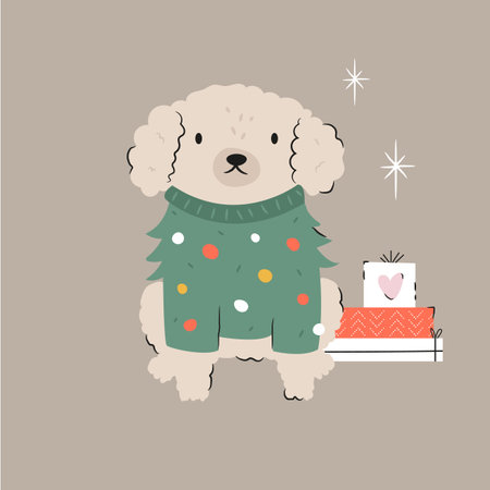 Holiday Christmas card with funny dog in a knitted sweater and gift boxesのイラスト素材