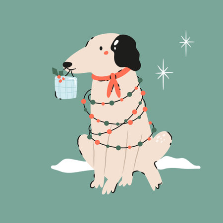 Holiday Christmas card with a funny dog wrapped with garlandのイラスト素材