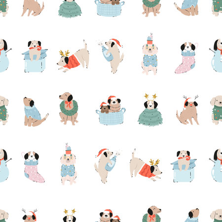 Festive Christmas seamless pattern with hand-drawn adorable dogs. Holiday vector illustration with funny charactersのイラスト素材