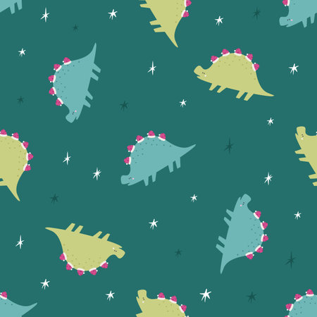 Seamless Hand-Drawn Christmas Dinosaur Pattern. Festive Dino Designのイラスト素材