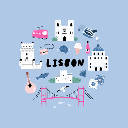 Hand drawn vector posters with Lisbon famous symbols, landmarksのイラスト素材