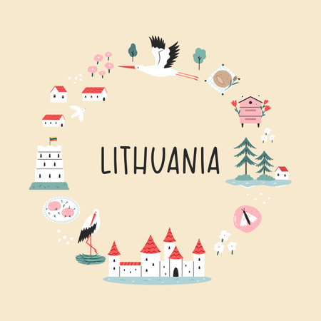 Decorative poster with hand drawn landmarks, symbols of Lithuaniaのイラスト素材