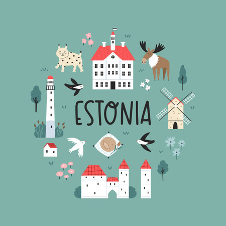 Decorative poster with hand drawn landmarks, symbols of Estoniaのイラスト素材