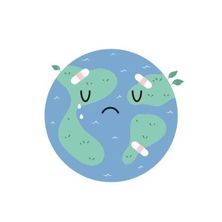 Cute Cartoon Illustration of Sad Planet Earth with Adhesive Plasters.のイラスト素材
