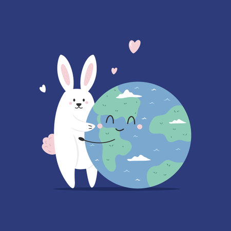 Cute Cartoon Illustration of Planet Earth Hugging a Bunnyのイラスト素材
