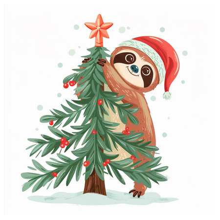 Christmas cute sloth decorating tree for holidays. Good for prints, greeting cards, ai generated image.の写真素材