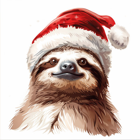 Funny illustration of sloth portrait in a Santa hat. Good for prints, greeting cards, ai generated image.の写真素材