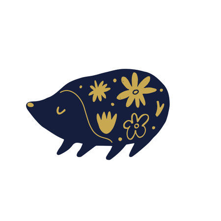 Whimsical Folk Art Hedgehog Silhouette with Floral Elements. Hand-Drawn Botanical Hedgehog Illustration.のイラスト素材