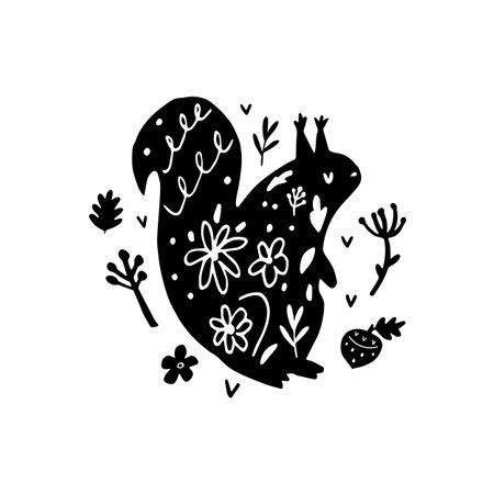 Whimsical Folk Art Squirrel Silhouette with Floral and Forest Elements. Hand-Drawn Woodland Animal Illustration.のイラスト素材