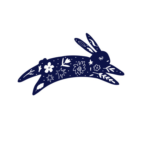 Whimsical Folk Art Rabbit Silhouette with Floral Elements. Hand-Drawn Bunny Illustration in Navy Blue and Whiteのイラスト素材