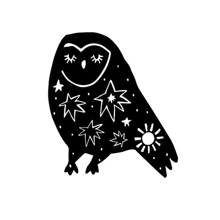 Whimsical Folk Art Owl Silhouette with Celestial Elements. Hand-Drawn Abstract Owl Illustrationのイラスト素材