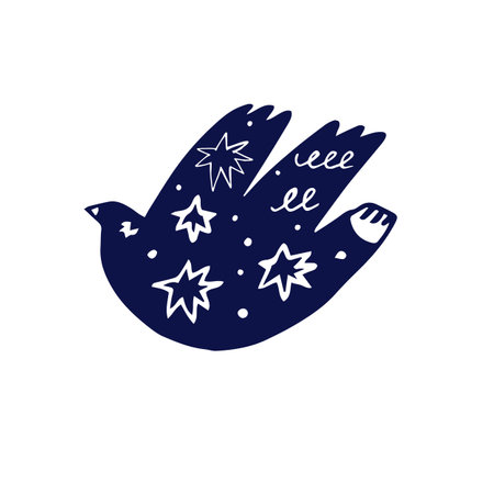 Whimsical Folk Art Bird Silhouette with Abstract Elements. Hand-Drawn Botanical Bird Illustrationのイラスト素材