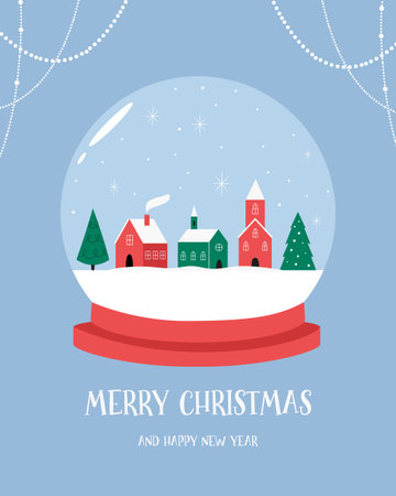 Flat Christmas Snow Globe Illustration with Winter Village and Trees. Holiday Greeting Cardのイラスト素材