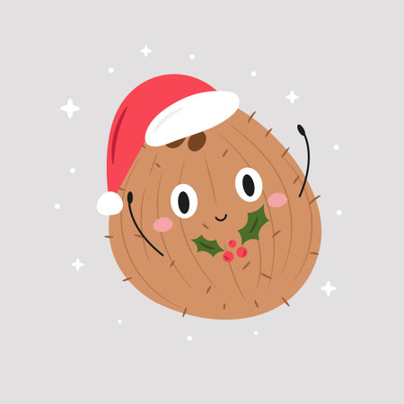 Cute Coconut in Santa Hat. Funny Christmas Cartoon Characterのイラスト素材