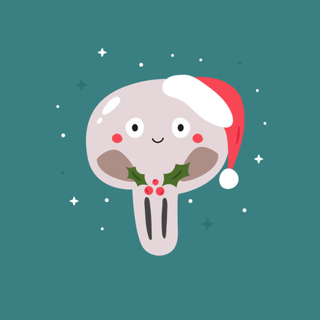 Cute Champignon Mushroom in Santa Hat. Funny Christmas Vector Illustrationのイラスト素材
