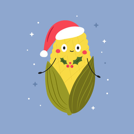 Cute Corn in Santa Hat. Funny Christmas Vector Illustrationのイラスト素材