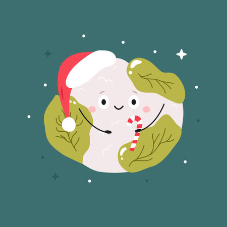Cute Cauliflower in Santa Hat. Funny Christmas Vector Illustrationのイラスト素材