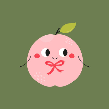 Cute Peach with Decorative Bow. Funny Fruit Cartoon Characterのイラスト素材