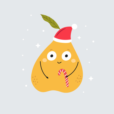 Cute Pear in Santa Hat. Funny Christmas Fruit Cartoon Characterのイラスト素材