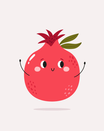 Cute Pomegranate with Face and Hands. Funny Fruit Cartoon Character. Vector Illustrationのイラスト素材