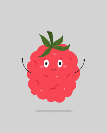Cute Raspberry with Face and Hands. Funny Fruit, Berry Cartoon Character. Vector Illustrationのイラスト素材
