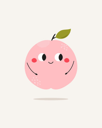 Cute Peach with Face and Hands. Funny Fruit Cartoon Character. Vector Illustrationのイラスト素材