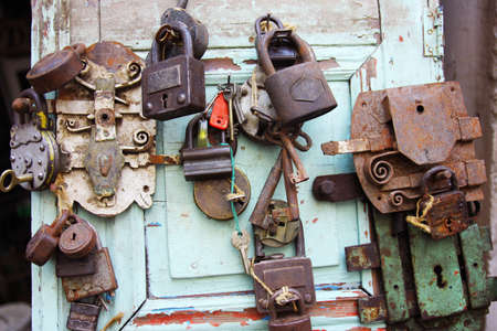 Vintade locks and keys in flea marketの写真素材