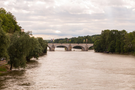 Several colorful flags are placed on the Pont Wilson on the Loire in Tours, Franceの写真素材