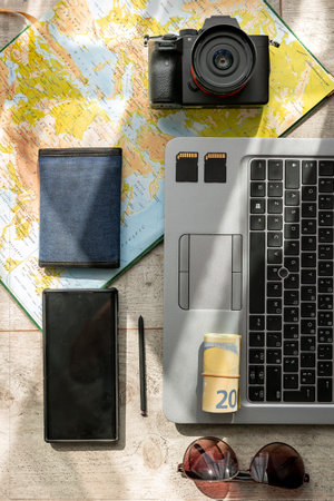Outfit of traveler, student, teenager, young woman or guy. Overhead of essentials for modern young...