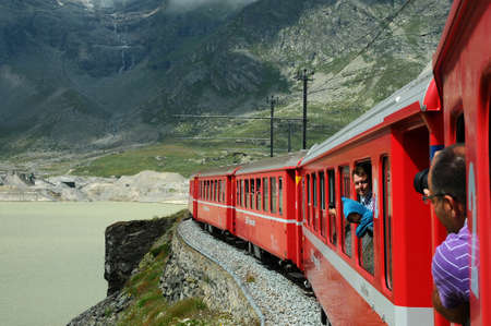 Switzerland: July 2012, Swiss mountain train Bernina Express in the summerのeditorial素材