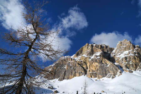 Lagazuoi mountain as seen from Falzarego in winter, Dolomites, Cortina d'Ampezzo, Belluno, Veneto, Italy.の写真素材