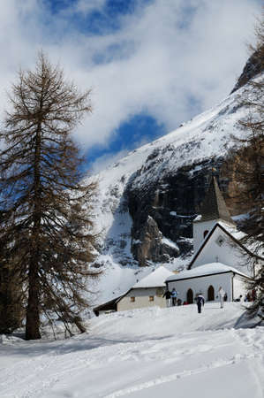 Sasso della Croce - Hospice Santa Croce - Santa Croce Church under Sasso of the Cross Group in the Italian Dolomites, Trentino, Italyの写真素材