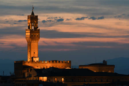 Beautiful view of old palace in Florence city at sunset. Italy.の写真素材