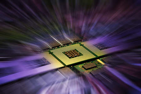 Computer processors aligned with lighting effects postproduction, background.