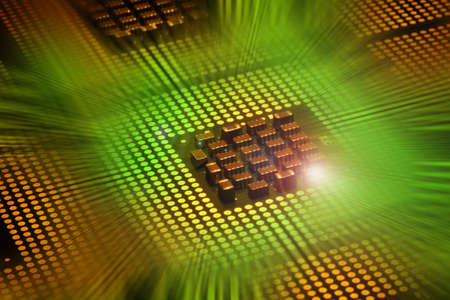 Computer processors aligned with lighting effects postproduction, background.