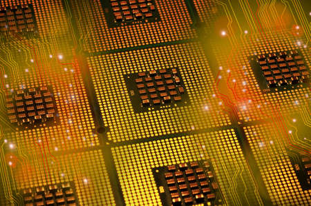 Aligned Computer Processors with electronic circuit postproduction effects. Futuristic background.