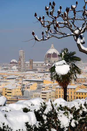 Cathedral of Santa Maria del Fiore (Duomo) and giottos bell tower (bell tower), in winter with snow, Florence, Tuscany, Italyの写真素材