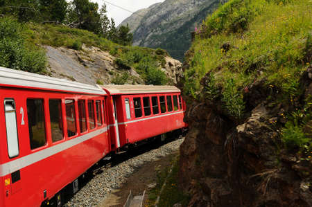 Switzerland: July 2012, Swiss mountain Train Bernina Express from Tirano to St. Moritzのeditorial素材