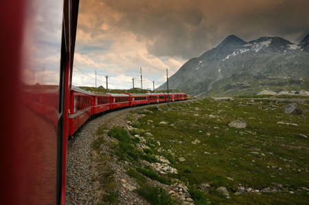 Switzerland: July 2012, Swiss mountain Train Bernina Express from Tirano to St. Moritzのeditorial素材