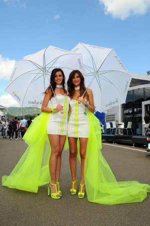 MUGELLO, IT, May 2014: Unidentified Pit Babe poses for the paddock during MotoGP GP of Italy 2014 at the Mugello Circuit in Italyのeditorial素材