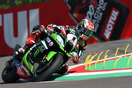 San Marino, Italy - May 12: Jonathan Rea of Great Britain Kawasaki Racing Team rides during...