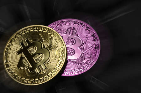 closeup of phisical bitcoin over computer keyboard. background and concept image.の写真素材