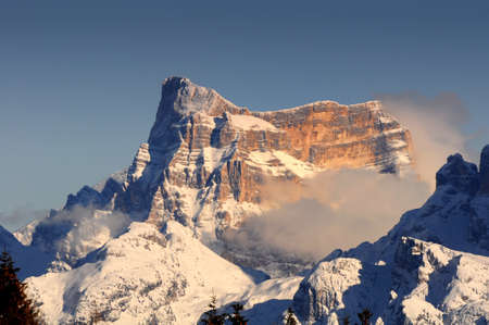 Scenic winter view of Pelmo group in the italian dolomites as seen from Passo Valles. Italy.の写真素材