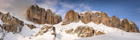 Panoramic view of Sass Pordoi group in Italian dolomites, as seen from Pass Pordoi. Canazei, Trento. Italy.の写真素材