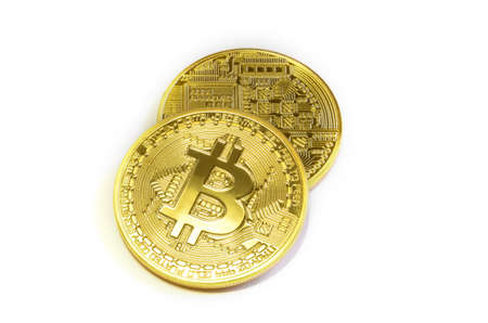 crypto currency phisical gold bitcoin isolated on white backgroundの写真素材
