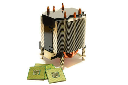 CPU Heatsink Cooler with CPU Processor Chips isolated on white