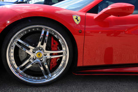 Scarperia (Florence), Italy - March 2018: Detail of a Ferrari sports car in the Mugello Paddock....