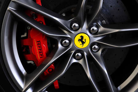 Scarperia (Florence), Italy - March 2018: Close-up of a sports car in the Mugello Paddock. Ferrari SPA is an Italian luxury sports car manufacturer, founded by Enzo Ferrari.のeditorial素材