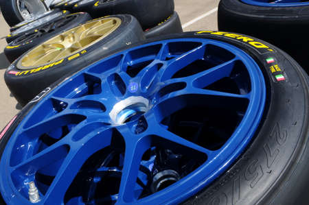 Scarperia (Florence), Italy - March 2018: tires and alloy wheels for Ferrari racing cars in the paddock of Mugello Circuit.のeditorial素材