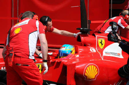 MUGELLO, ITALY 2012: Fernando Alonso of Ferrari F1 team racing at Formula One Teams Test at Mugello Circuit in Italy.のeditorial素材